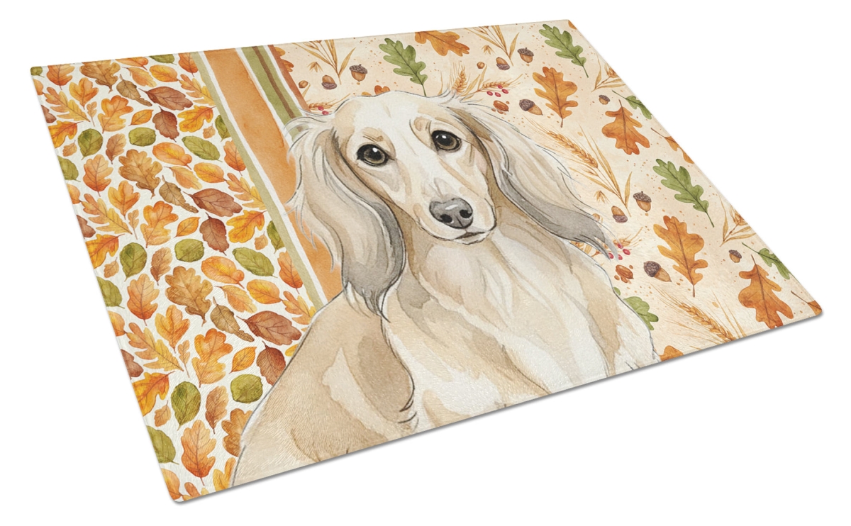 Picture of Carolines Treasures WDK7797LCB 15 x 12 in. Longhaired Cream Dachshund Heirloom Fall Glass Cutting Board