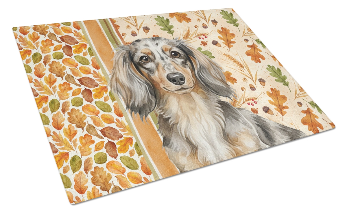 Picture of Carolines Treasures WDK7798LCB 15 x 12 in. Longhaired Dapple Dachshund Heirloom Fall Glass Cutting Board