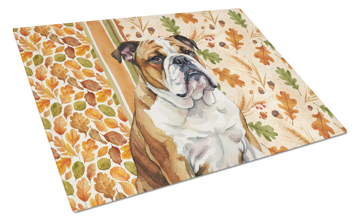 Picture of Carolines Treasures WDK7814LCB 15 x 12 in. Brindle & White English Bulldog Heirloom Fall Glass Cutting Board