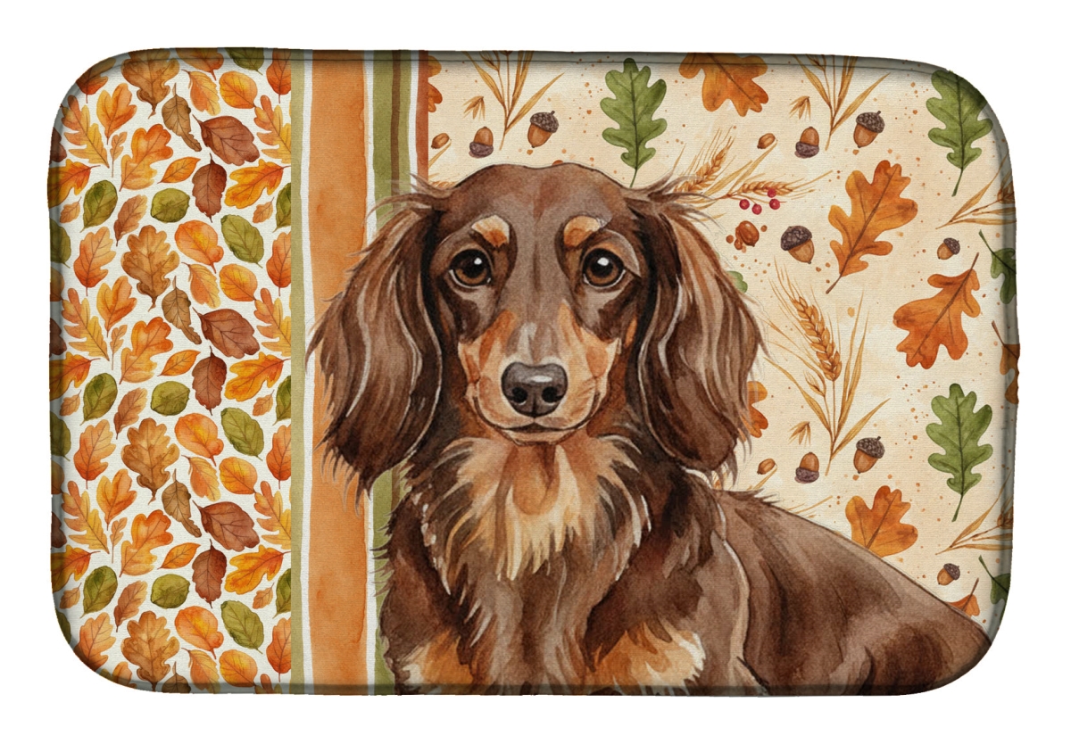 Picture of Carolines Treasures WDK7796DDM 21 x 14 in. Longhaired Chocolate & Tan Dachshund Heirloom Fall Dish Drying Mat - Multi Color