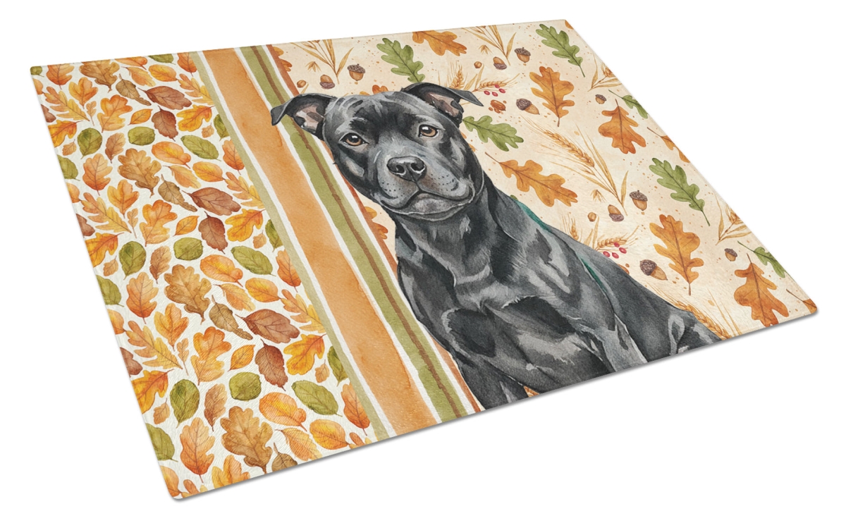 Picture of Carolines Treasures WDK8028LCB 15 x 12 in. Black Staffordshire Bull Terrier Heirloom Fall Glass Cutting Board
