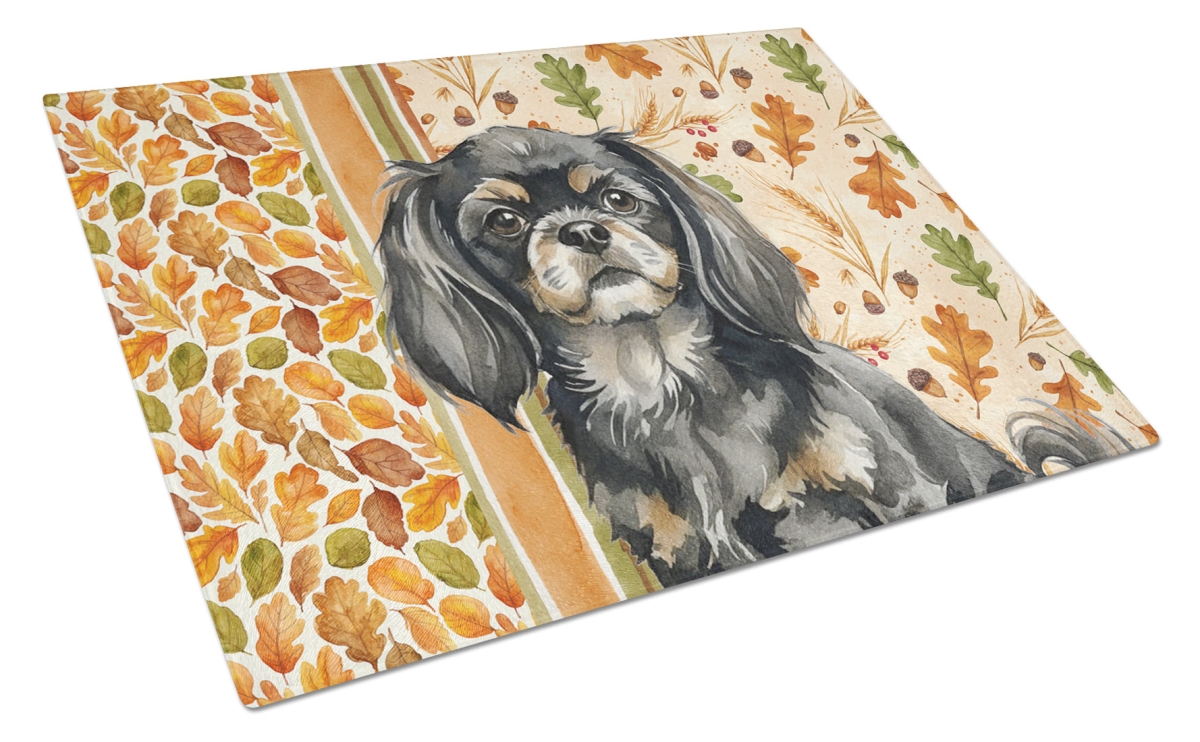 Picture of Carolines Treasures WDK8037LCB 15 x 12 in. Black & Tan Tibetan Spaniel Heirloom Fall Glass Cutting Board