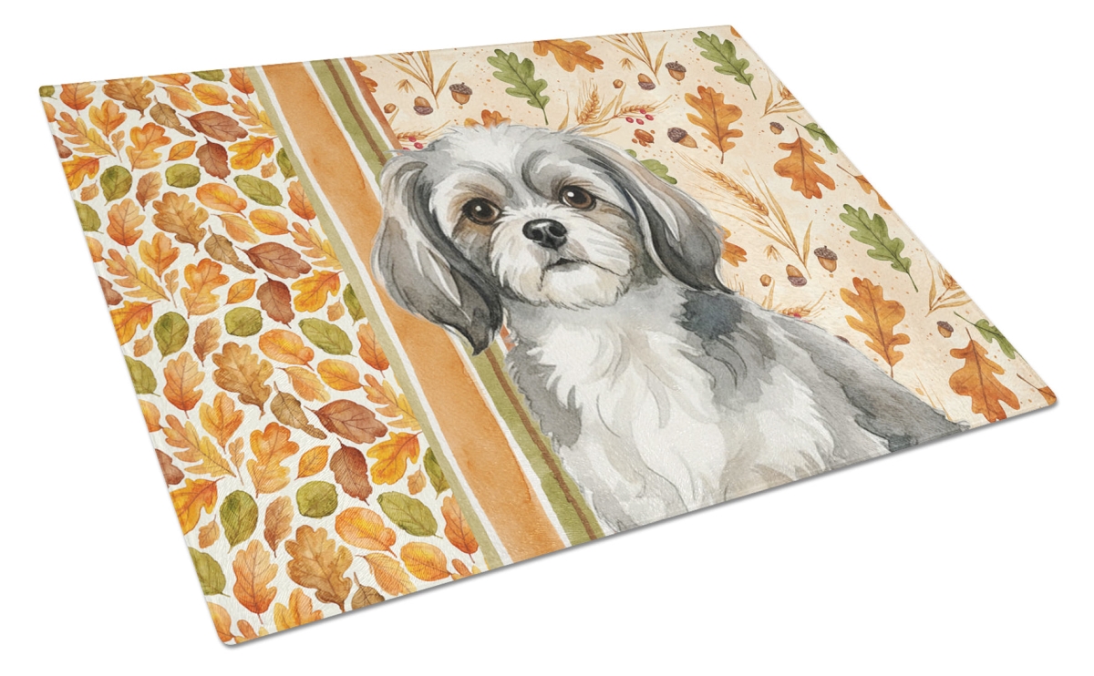 Picture of Carolines Treasures WDK8041LCB 15 x 12 in. Gray & White Tibetan Spaniel Heirloom Fall Glass Cutting Board