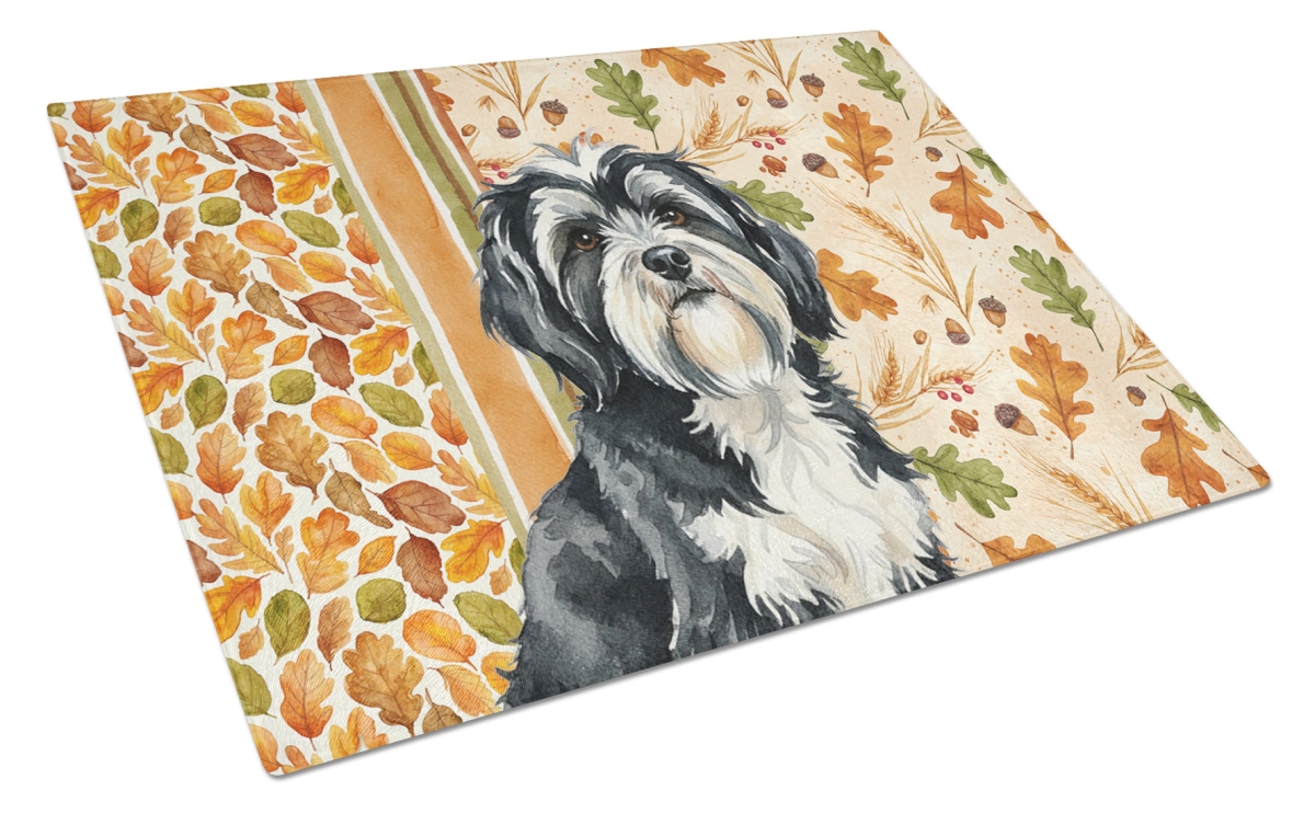 Picture of Carolines Treasures WDK8044LCB 15 x 12 in. Black & White Tibetan Terrier Heirloom Fall Glass Cutting Board