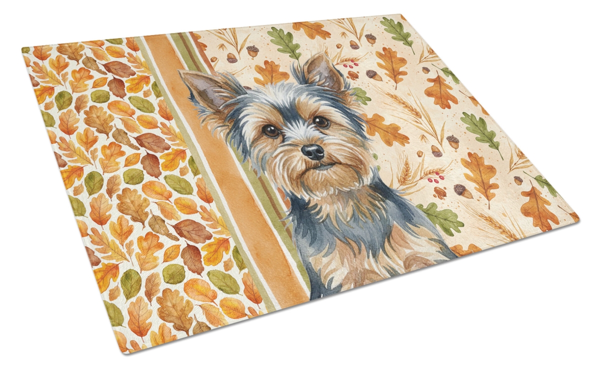 Picture of Carolines Treasures WDK8064LCB 15 x 12 in. Blue & Tan Yorkshire Terrier Heirloom Fall Glass Cutting Board