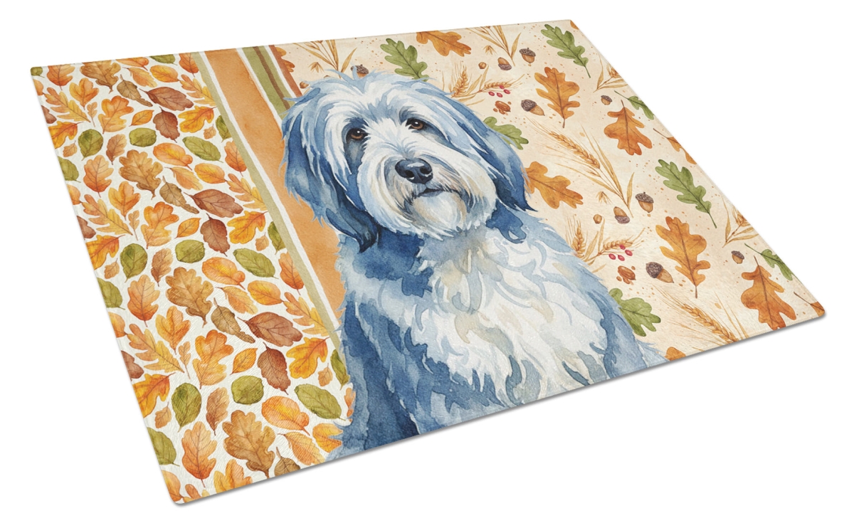 WDK7936LCB 15 x 12 in. Blue & White Old English Sheepdog Heirloom Fall Glass Cutting Board