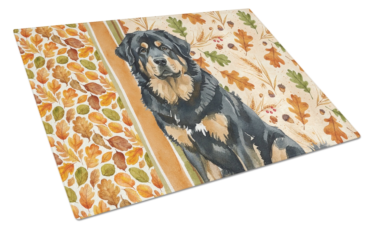 Picture of Carolines Treasures WDK8034LCB 15 x 12 in. Black & Tan Tibetan Mastiff Heirloom Fall Glass Cutting Board