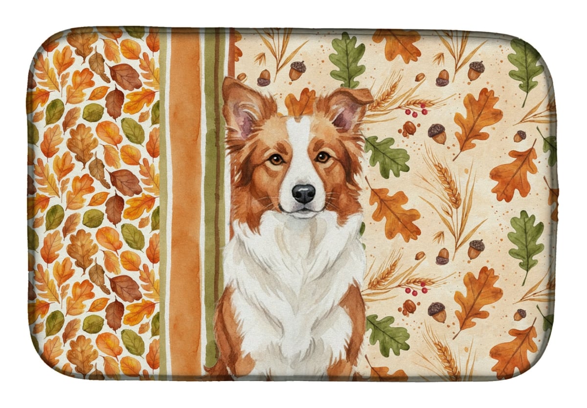 Picture of Carolines Treasures WDK7724DDM 21 x 14 in. Red & White Border Collie Heirloom Fall Dish Drying Mat - Multi Color