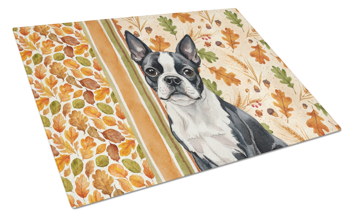 WDK7732LCB 15 x 12 in. Boston Terrier Heirloom Fall Glass Cutting Board