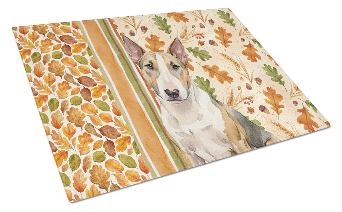 Picture of Carolines Treasures WDK7912LCB 15 x 12 in. Tricolor Miniature Bull Terrier Heirloom Fall Glass Cutting Board