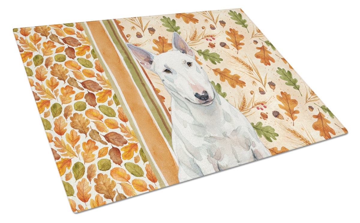 Picture of Carolines Treasures WDK7913LCB 15 x 12 in. White Miniature Bull Terrier Heirloom Fall Glass Cutting Board