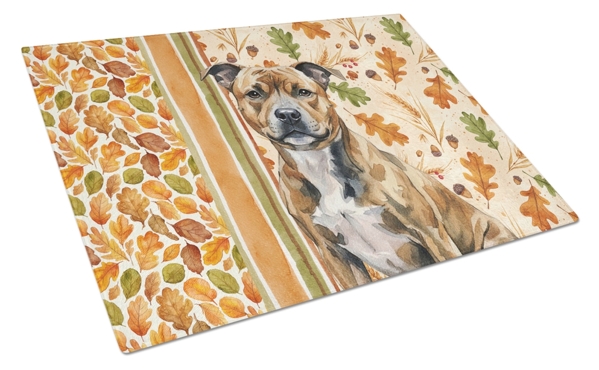 Picture of Carolines Treasures WDK8029LCB 15 x 12 in. Brindle Staffordshire Bull Terrier Heirloom Fall Glass Cutting Board