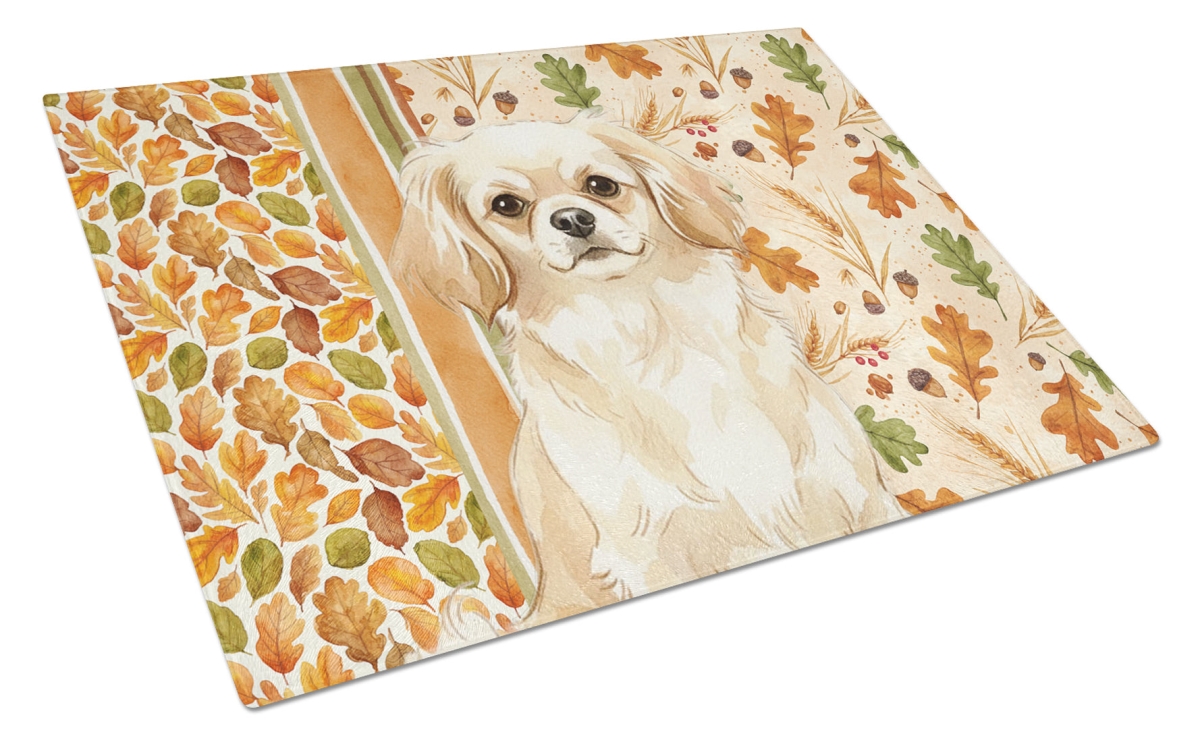 Picture of Carolines Treasures WDK8039LCB 15 x 12 in. Cream Tibetan Spaniel Heirloom Fall Glass Cutting Board