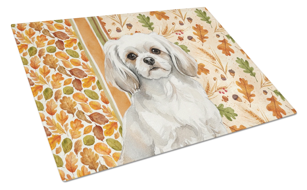Picture of Carolines Treasures WDK8043LCB 15 x 12 in. White Tibetan Spaniel Heirloom Fall Glass Cutting Board