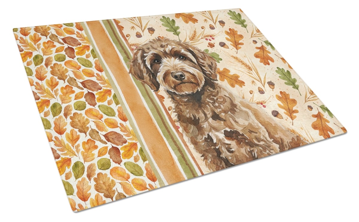 Picture of Carolines Treasures WDK8026LCB 15 x 12 in. Spanish Water Dog Heirloom Fall Glass Cutting Board