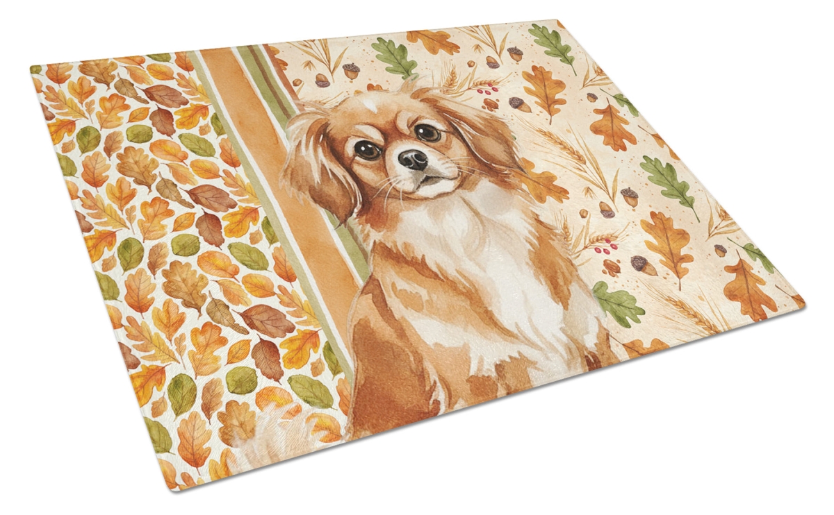 Picture of Carolines Treasures WDK8042LCB 15 x 12 in. Red Tibetan Spaniel Heirloom Fall Glass Cutting Board