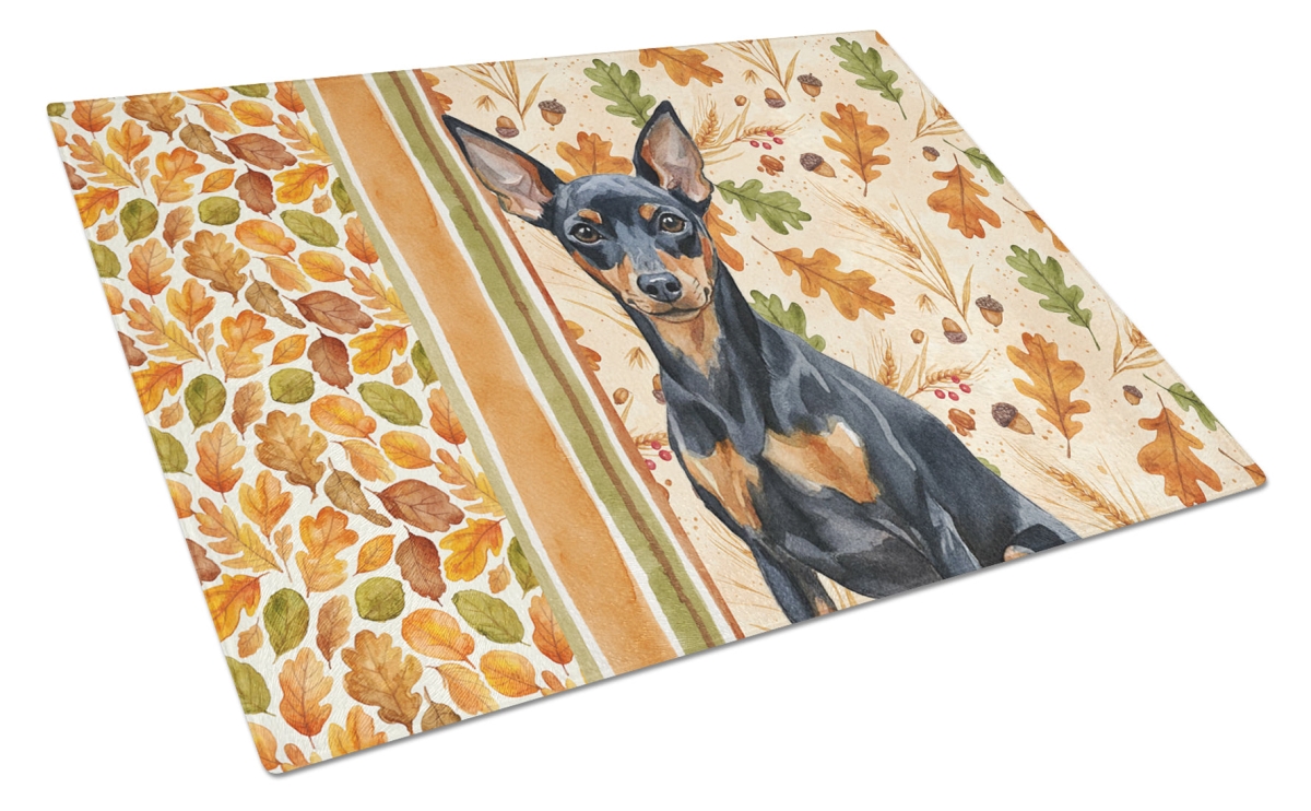 Picture of Carolines Treasures WDK7915LCB 15 x 12 in. Black & Tan Miniature Pinscher Heirloom Fall Glass Cutting Board