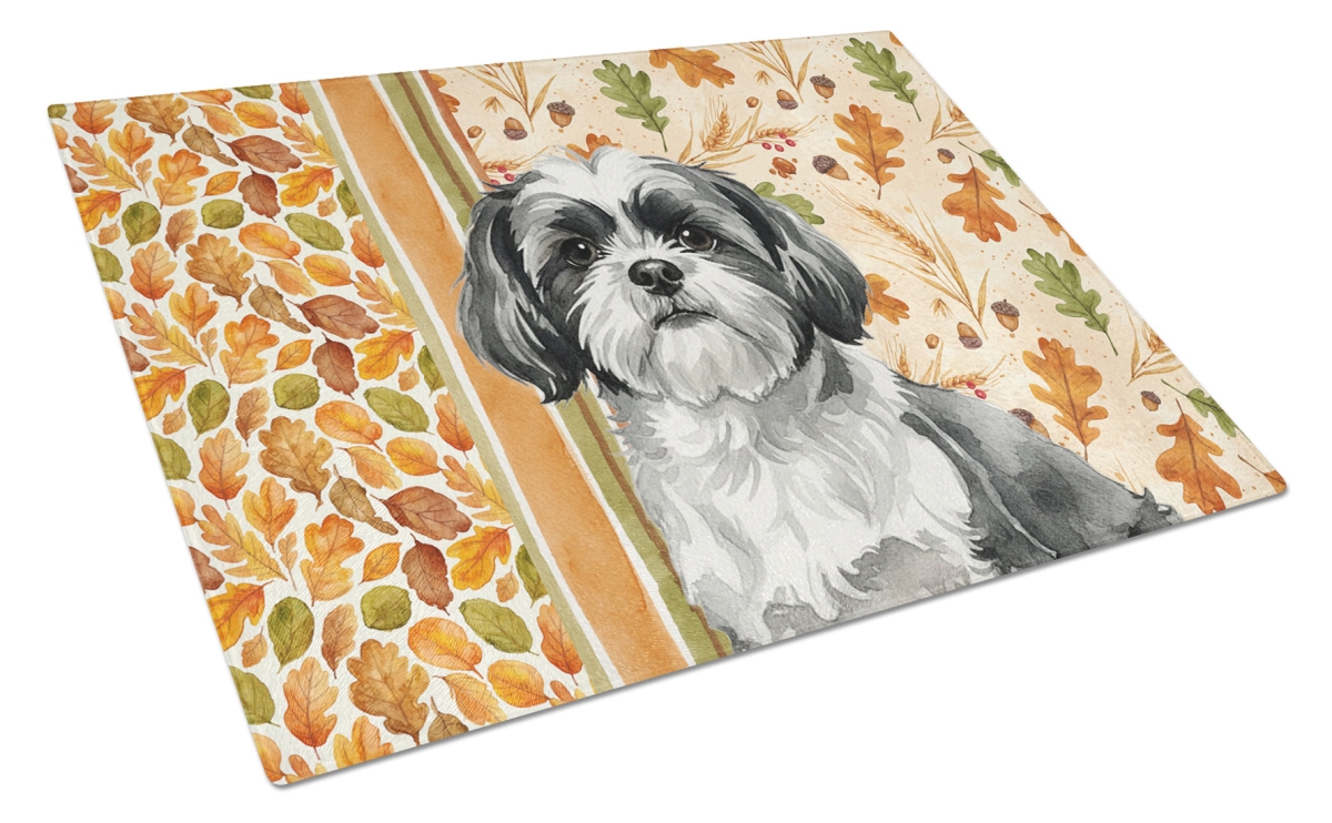 Picture of Carolines Treasures WDK8016LCB 15 x 12 in. Black & White Shih Tzu Heirloom Fall Glass Cutting Board