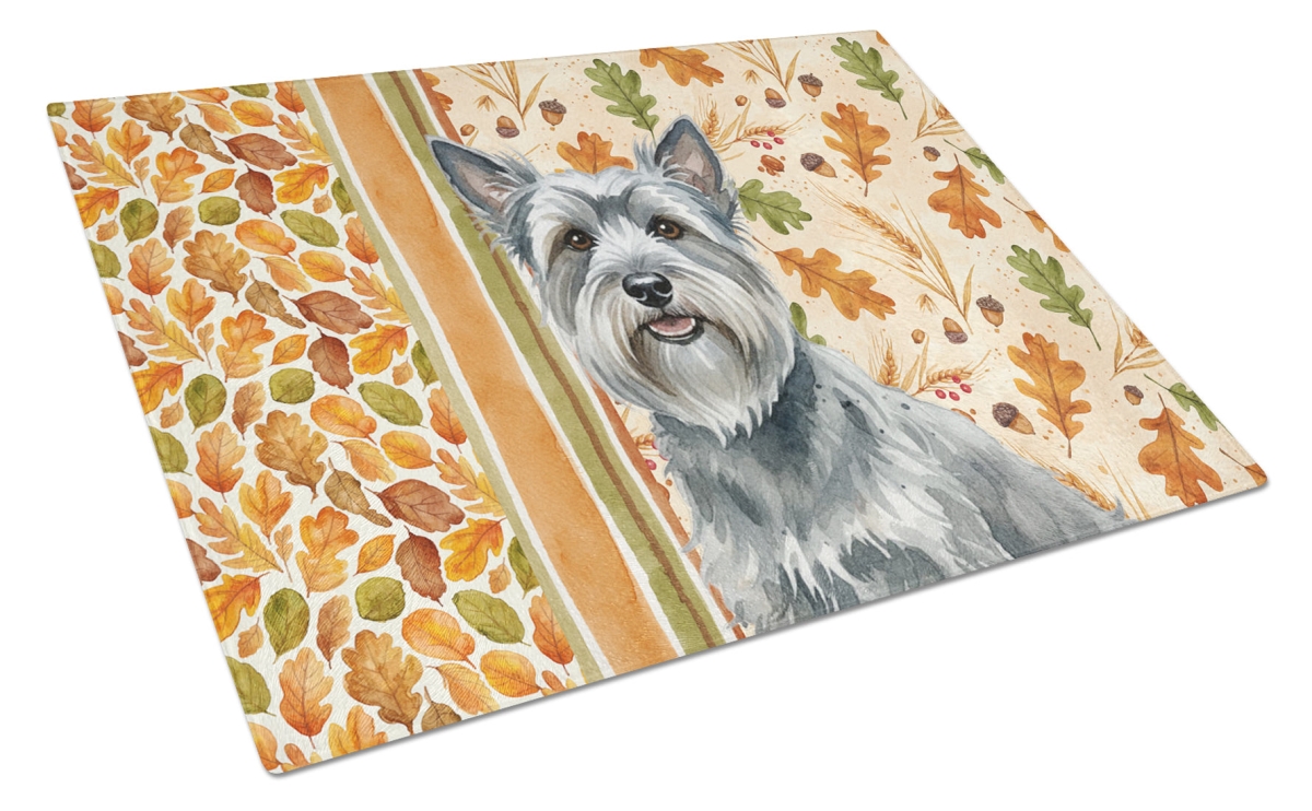 Picture of Carolines Treasures WDK8024LCB 15 x 12 in. Gray Skye Terrier Heirloom Fall Glass Cutting Board