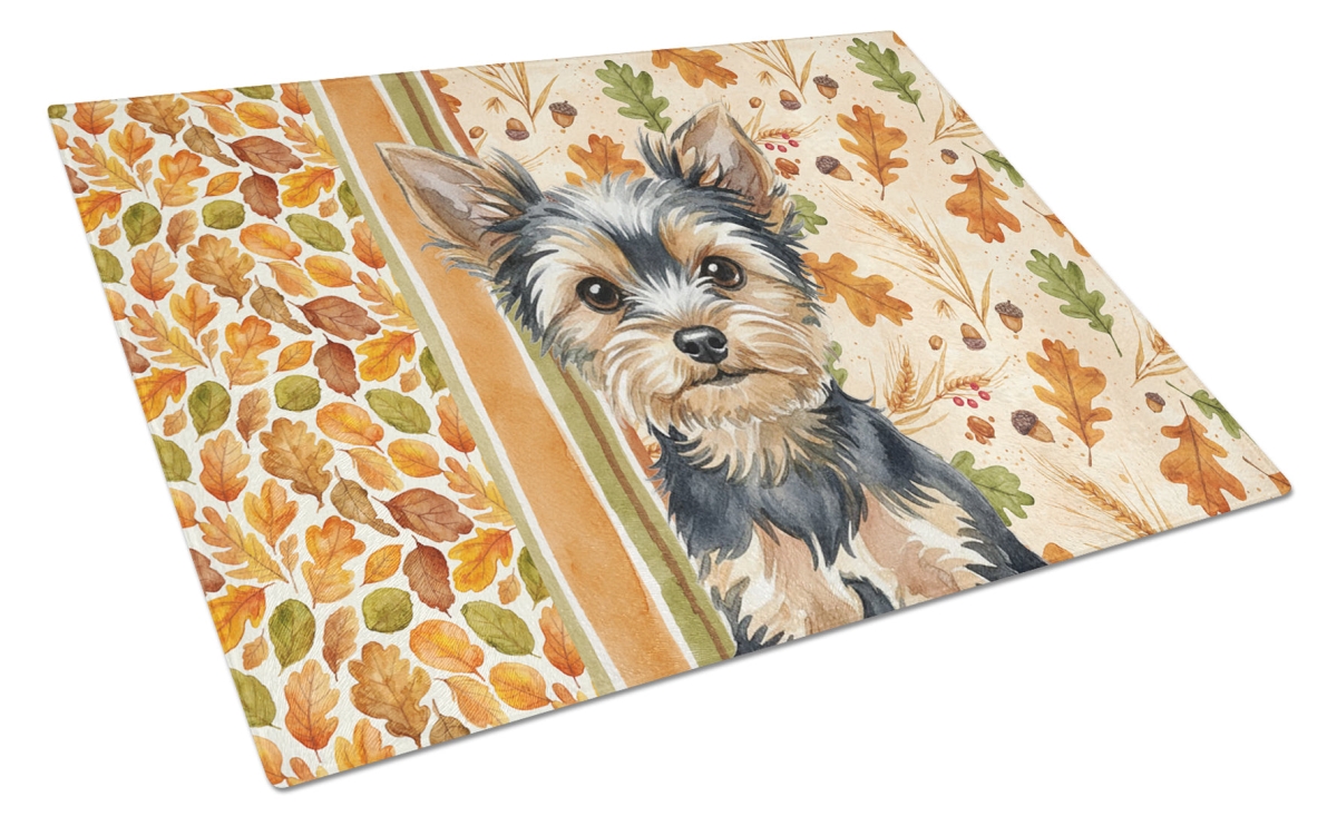 Picture of Carolines Treasures WDK8063LCB 15 x 12 in. Black & Tan Yorkshire Terrier Heirloom Fall Glass Cutting Board