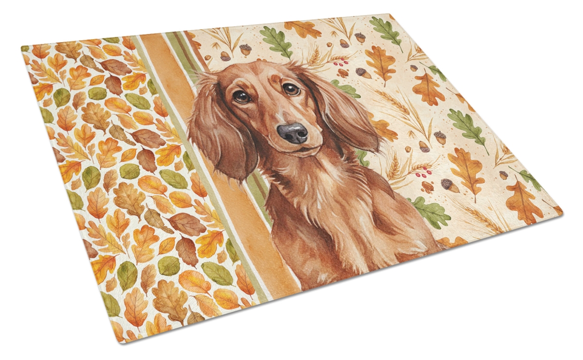Picture of Carolines Treasures WDK7799LCB 15 x 12 in. Longhaired Red Dachshund Heirloom Fall Glass Cutting Board