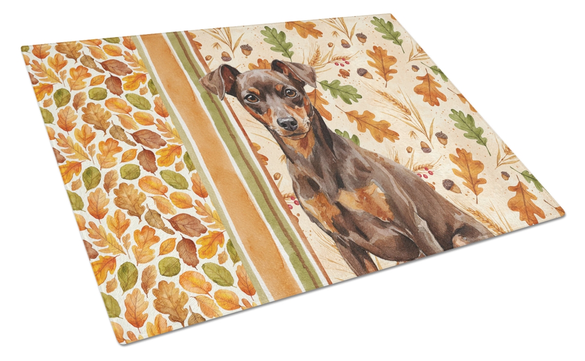 Picture of Carolines Treasures WDK7914LCB 15 x 12 in. Chocolate & Rust Miniature Pinscher Min Pin Heirloom Fall Glass Cutting Board