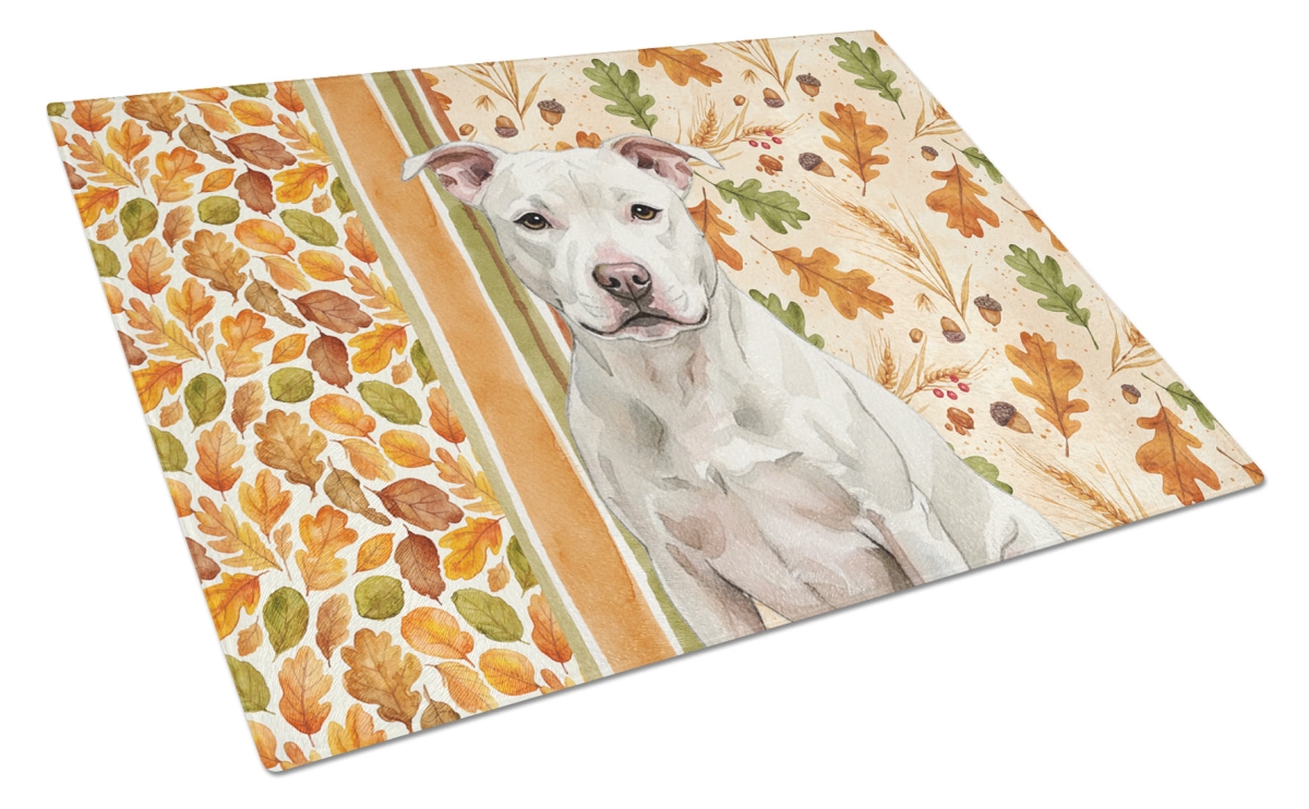 Picture of Carolines Treasures WDK8031LCB 15 x 12 in. White Staffordshire Bull Terrier Heirloom Fall Glass Cutting Board