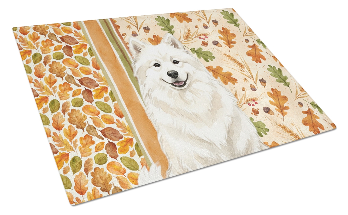 Picture of Carolines Treasures WDK7998LCB 15 x 12 in. Cream Samoyed Heirloom Fall Glass Cutting Board