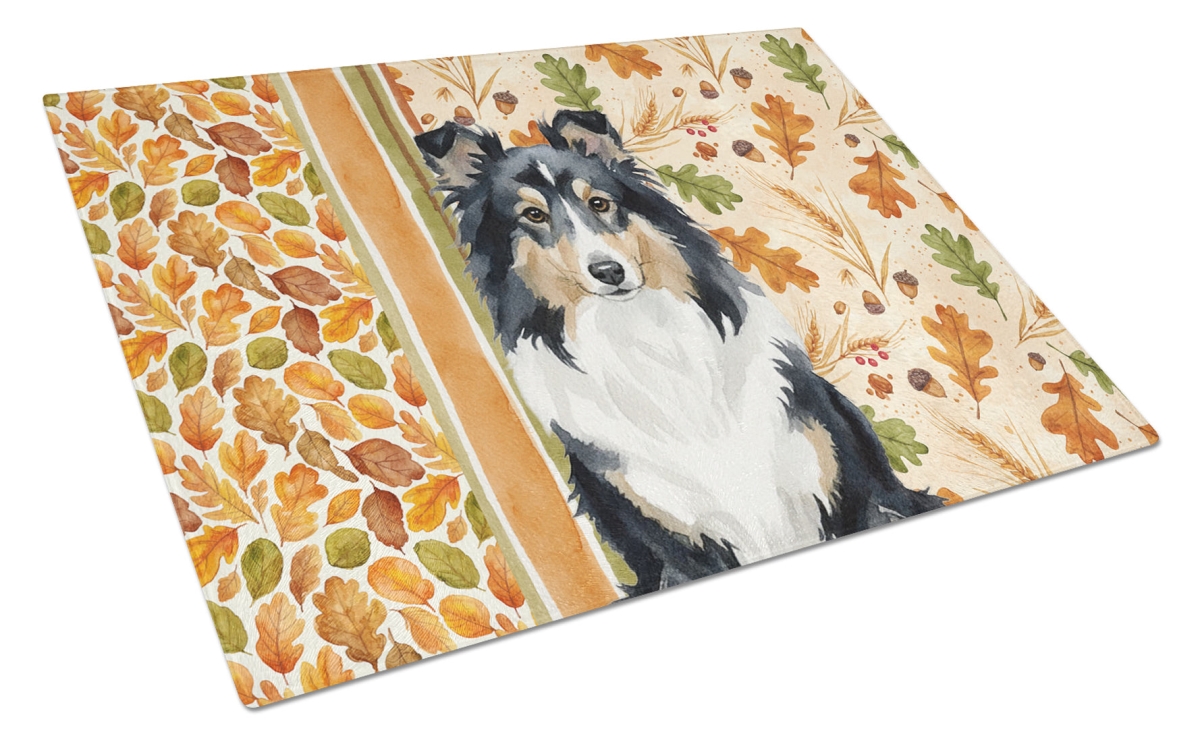 Picture of Carolines Treasures WDK8010LCB 15 x 12 in. Tricolor Sheltie Heirloom Fall Glass Cutting Board