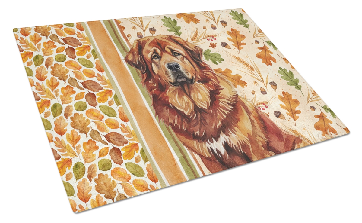 Picture of Carolines Treasures WDK8036LCB 15 x 12 in. Red Gold Tibetan Mastiff Heirloom Fall Glass Cutting Board