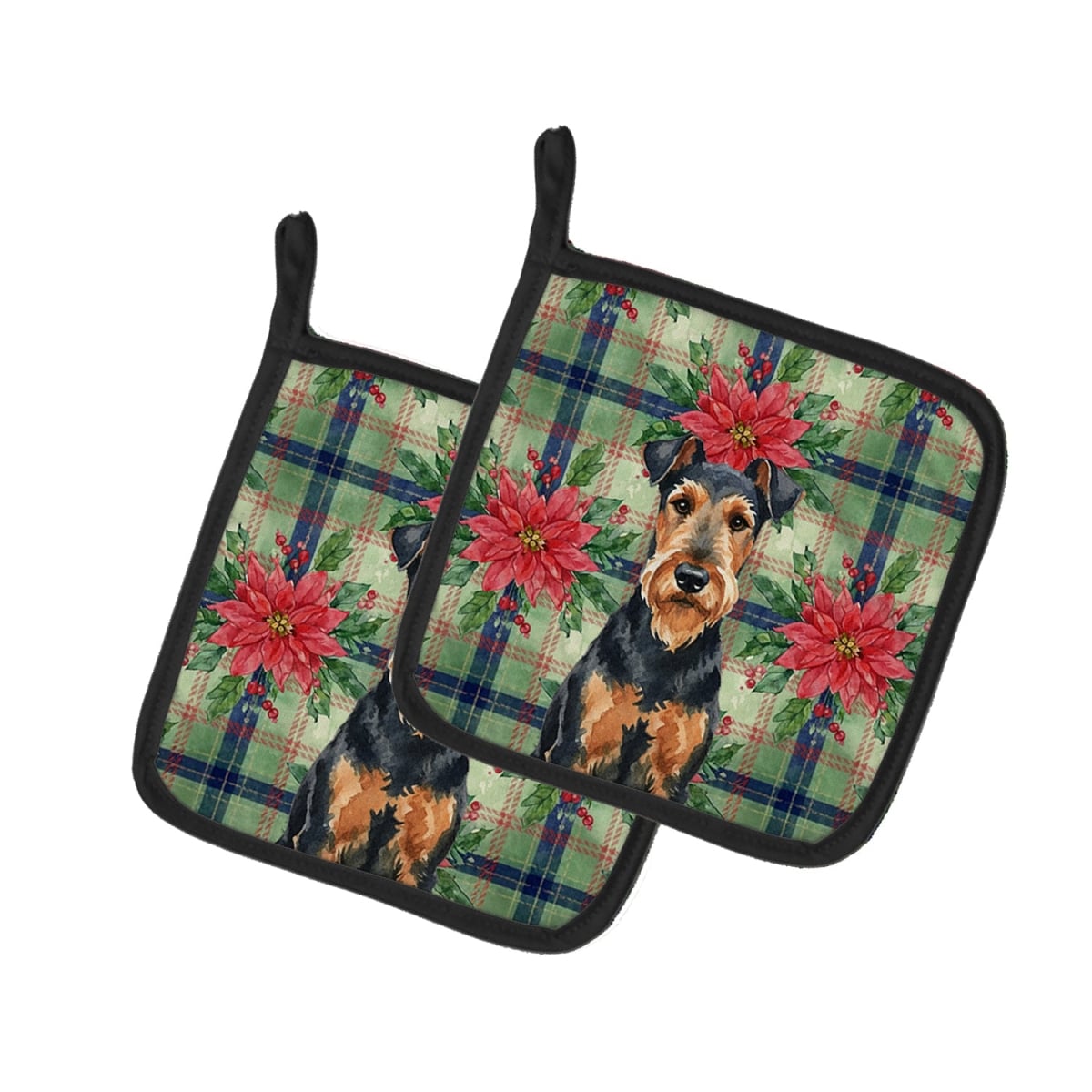 Picture of Carolines Treasures WDK8467PTHD Unisex Adult Airedale Terrier Christmas Poinsettias Pot Holders - 7.5 x 7.5 in. - Set of 2