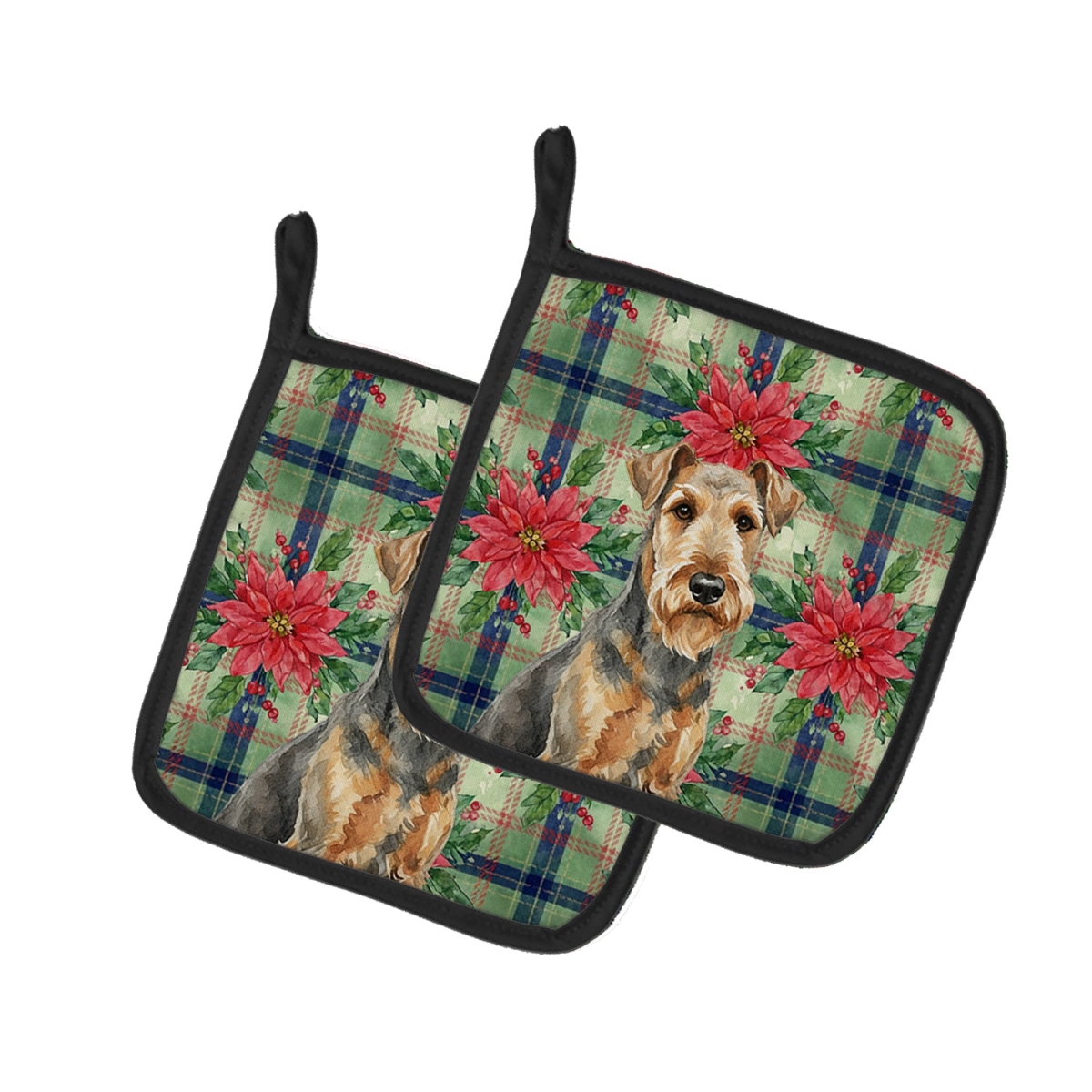 Picture of Carolines Treasures WDK8468PTHD Unisex Adult Grizzle Airedale Terrier Christmas Poinsettias Pot Holders - 7.5 x 7.5 in. - Set of 2