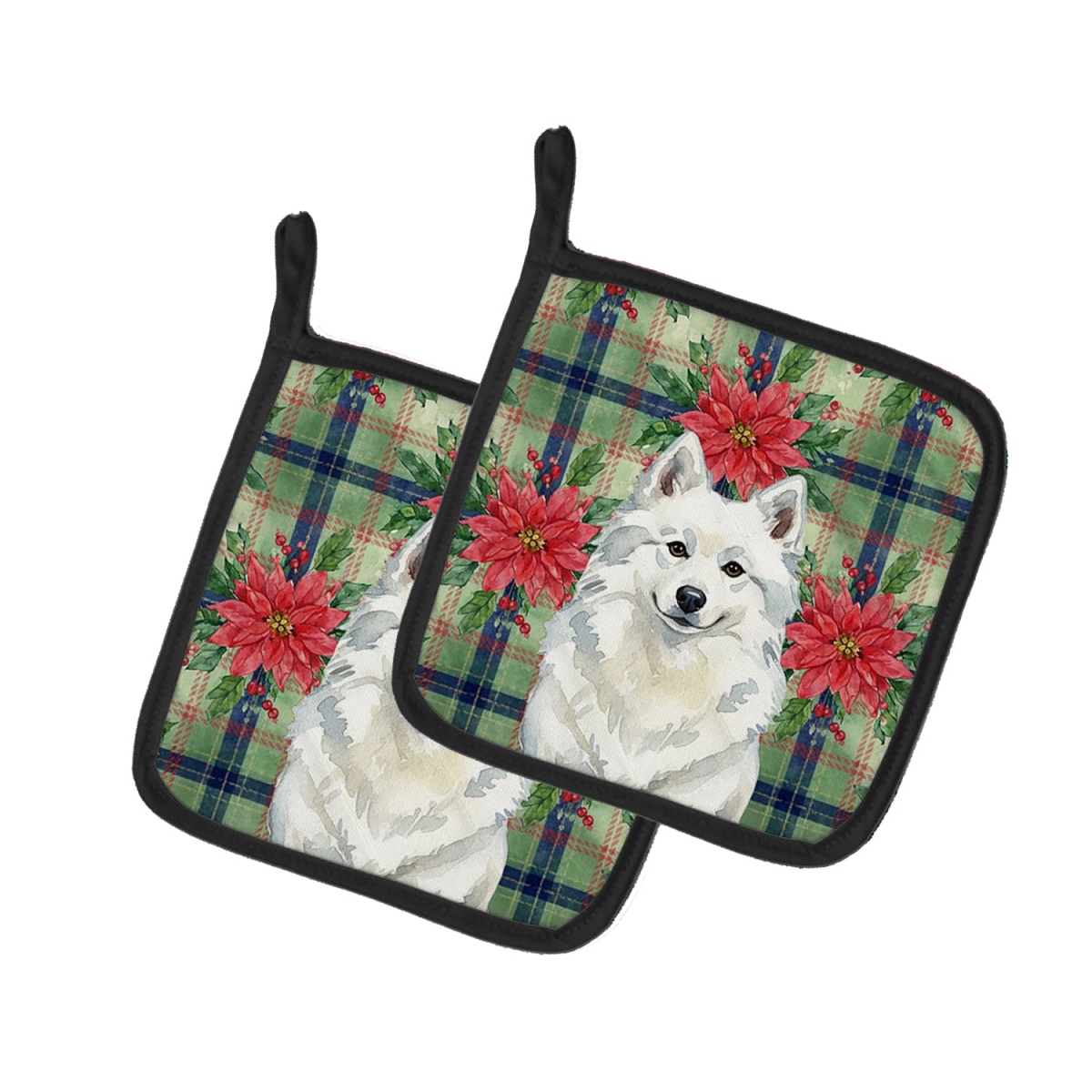 Picture of Carolines Treasures WDK8477PTHD Unisex Adult American Eskimo Christmas Poinsettias Pot Holders - 7.5 x 7.5 in. - Set of 2