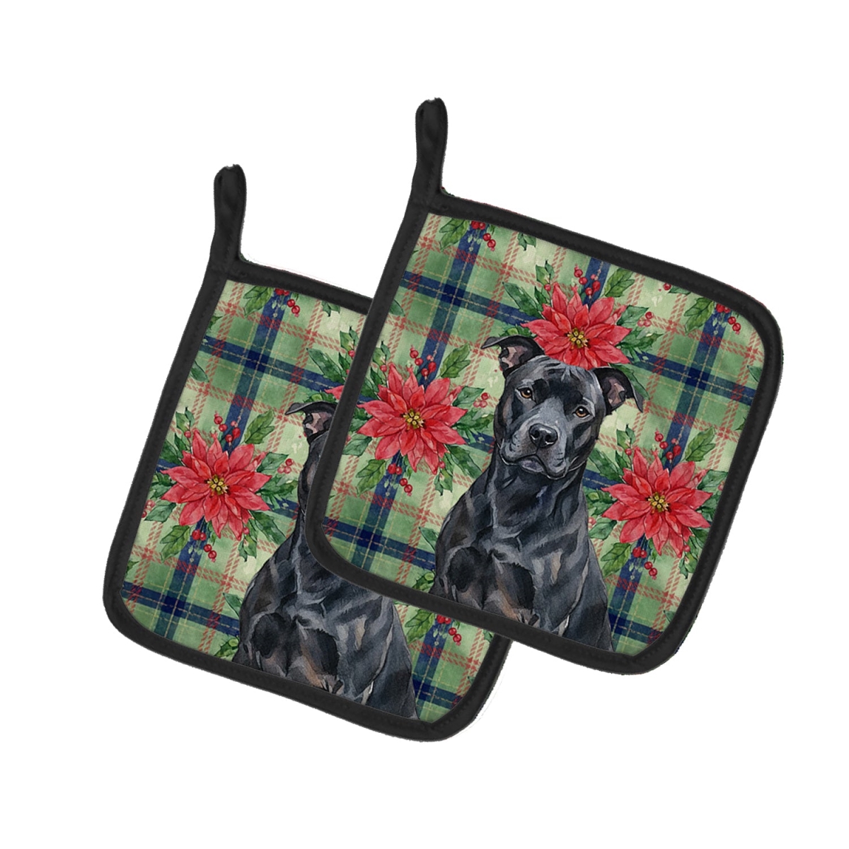 Picture of Carolines Treasures WDK8481PTHD Unisex Adult Black American Staffordshire Terrier Christmas Poinsettias Pot Holders - 7.5 x 7.5 in. - Set of 2