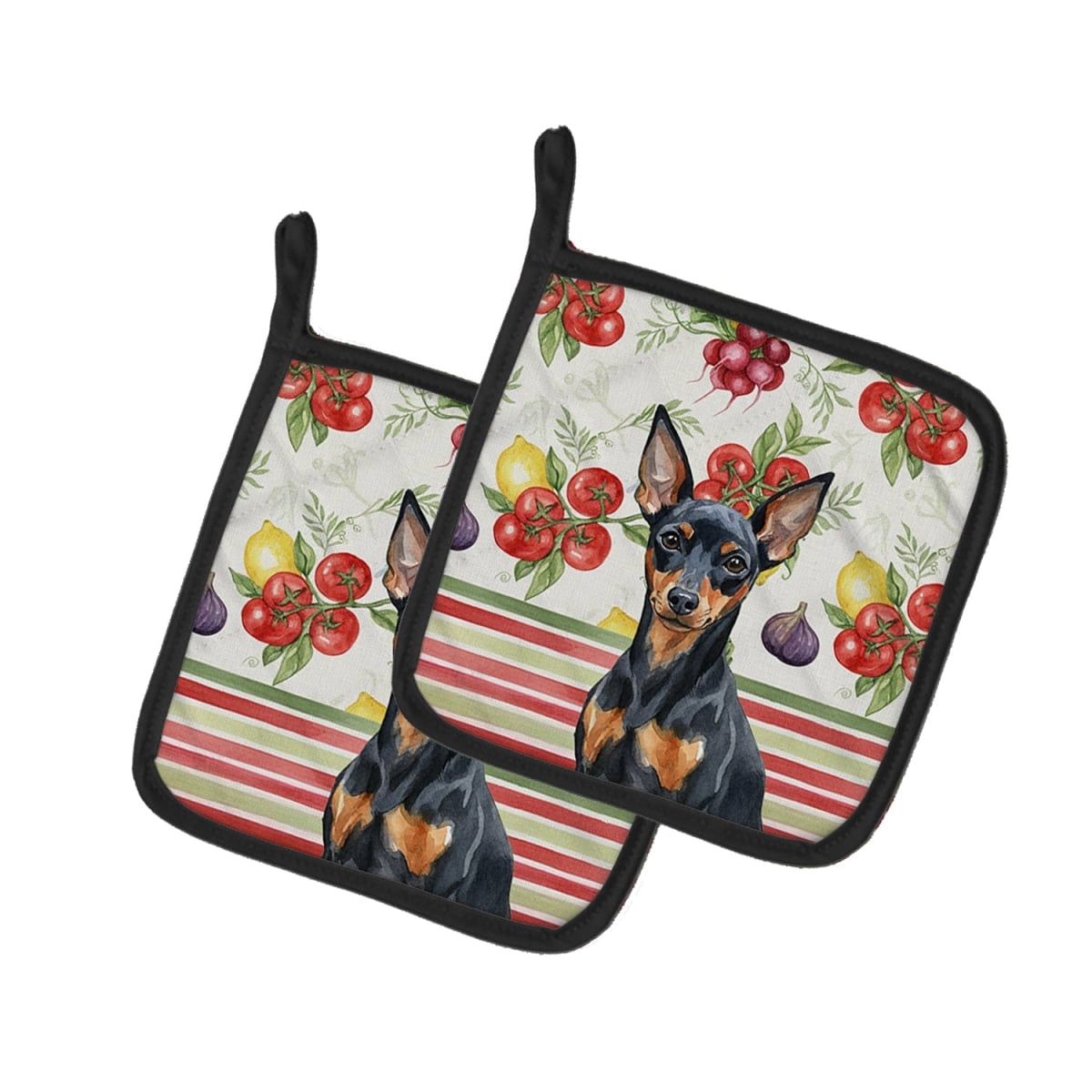 Picture of Carolines Treasures WDK8315PTHD Unisex Adult Black & Tan Miniature Pinscher Vegetables Pot Holders - 7.5 x 7.5 in. - Set of 2