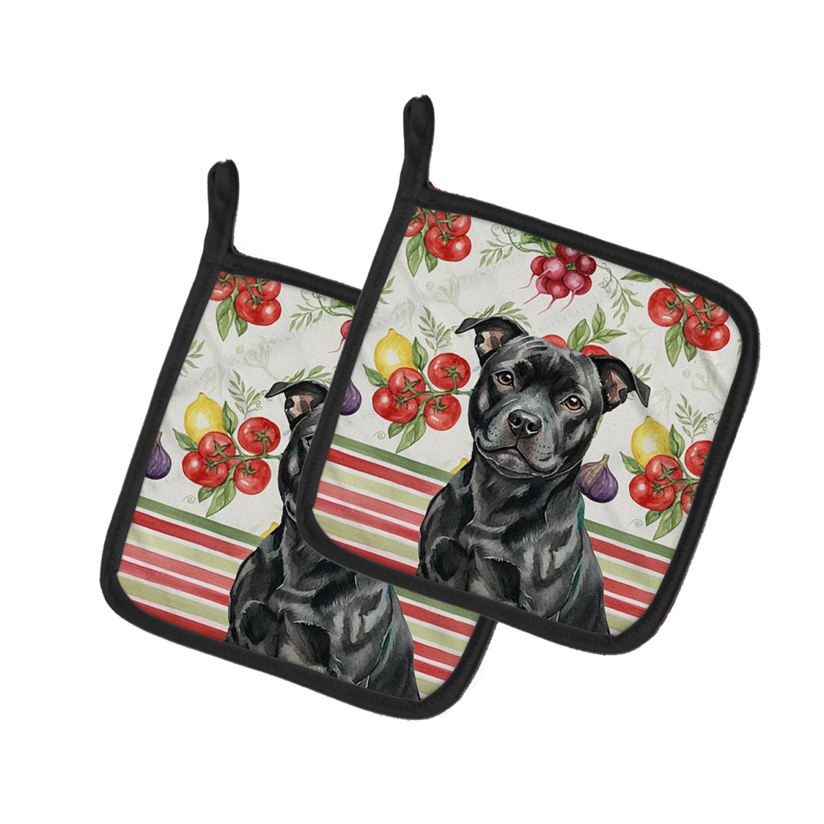 Picture of Carolines Treasures WDK8428PTHD Unisex Adult Black Staffordshire Bull Terrier Vegetables Pot Holders - 7.5 x 7.5 in. - Set of 2