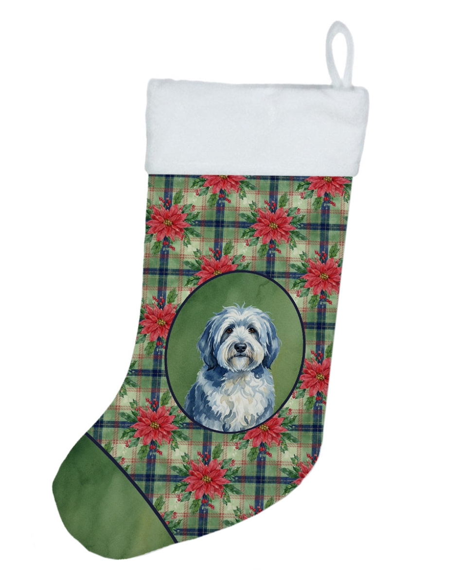 WDK8736CS Unisex Adult Blue & White Old English Sheepdog Christmas Poinsettias Holiday Stocking - 18 x 13.5 in.