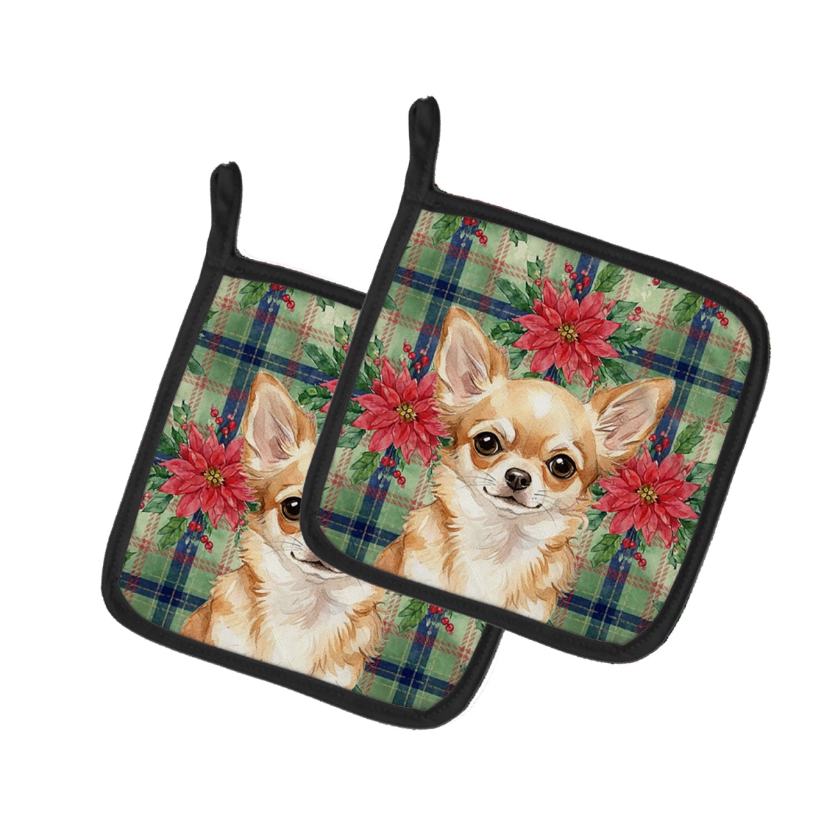 Picture of Carolines Treasures WDK8571PTHD Unisex Adult Fawn Chihuahua Christmas Poinsettias Pot Holders - 7.5 x 7.5 in. - Set of 2