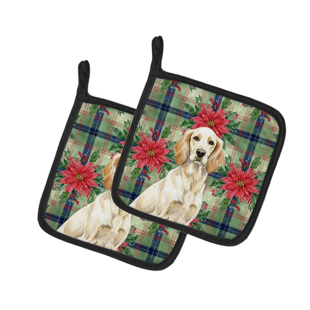 Picture of Carolines Treasures WDK8628PTHD Unisex Adult Lemon Belton English Setter Christmas Poinsettias Pot Holders - 7.5 x 7.5 in. - Set of 2