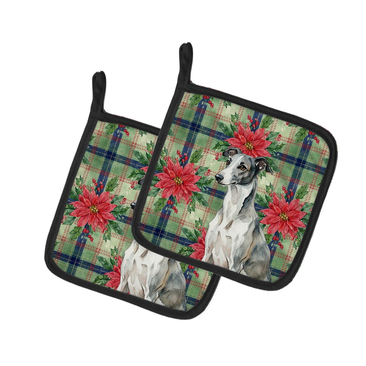 Picture of Carolines Treasures WDK8660PTHD Unisex Adult Black & White Greyhound Christmas Poinsettias Pot Holders - 7.5 x 7.5 in. - Set of 2