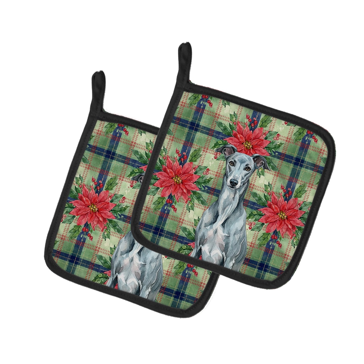 Picture of Carolines Treasures WDK8662PTHD Unisex Adult Blue Brindle Greyhound Christmas Poinsettias Pot Holders - 7.5 x 7.5 in. - Set of 2