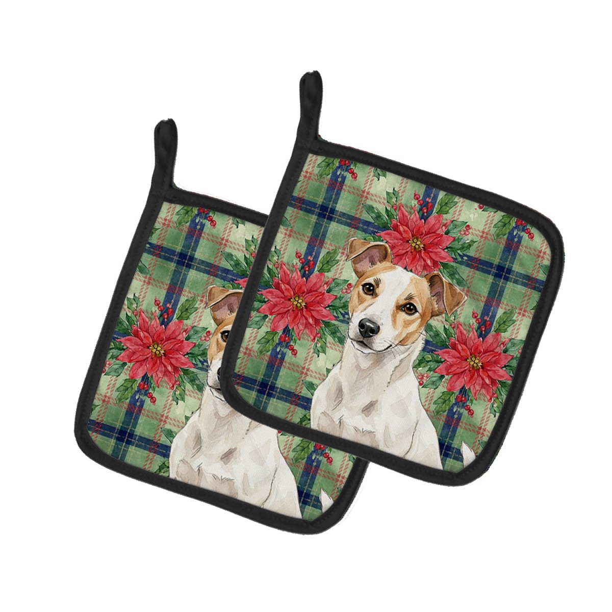 Picture of Carolines Treasures WDK8683PTHD Unisex Adult White & Tan Jack Russell Terrier Christmas Poinsettias Pot Holders - 7.5 x 7.5 in. - Set of 2