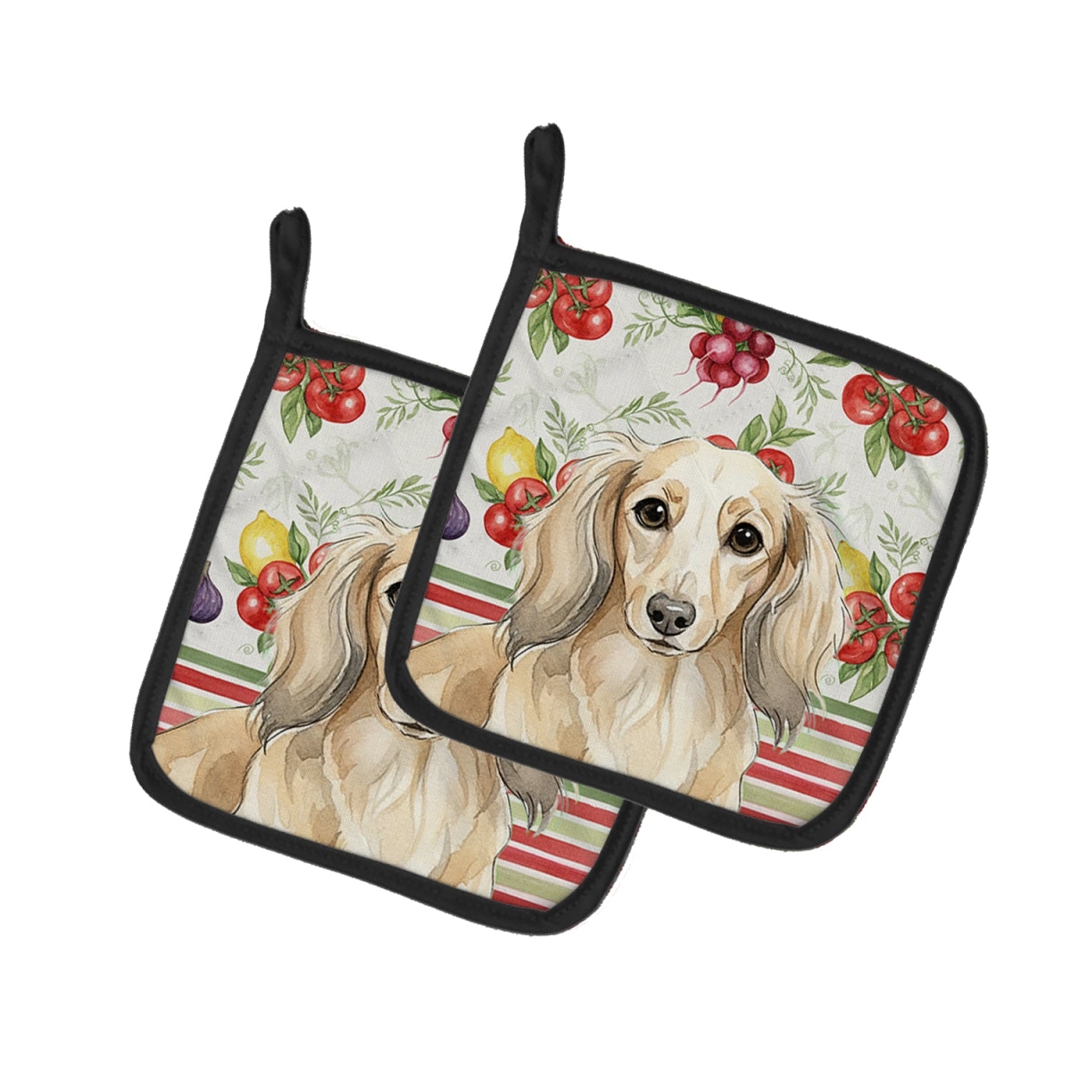 Picture of Carolines Treasures WDK8197PTHD Unisex Adult Longhaired Cream Dachshund Vegetables Pot Holders - 7.5 x 7.5 in. - Set of 2