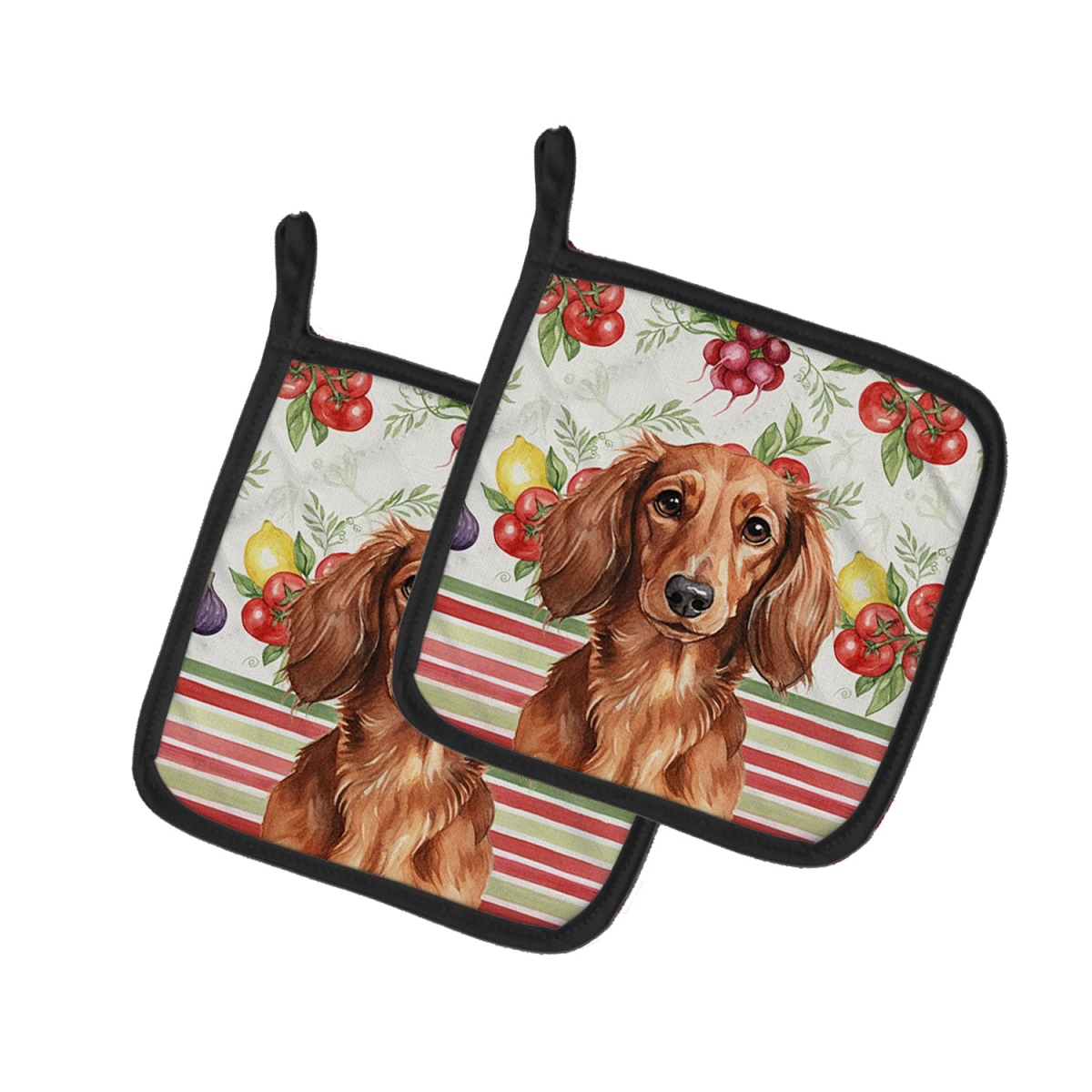 Picture of Carolines Treasures WDK8199PTHD Unisex Adult Longhaired Red Dachshund Vegetables Pot Holders - 7.5 x 7.5 in. - Set of 2