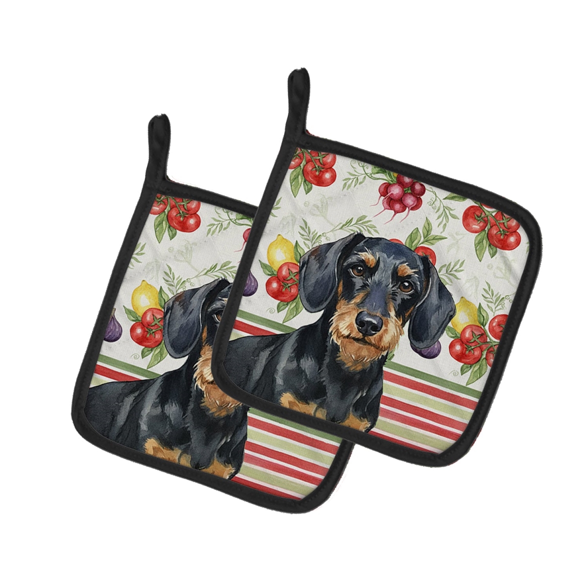 Picture of Carolines Treasures WDK8201PTHD Unisex Adult Wirehaired Black & Tan Dachshund Vegetables Pot Holders - 7.5 x 7.5 in. - Set of 2