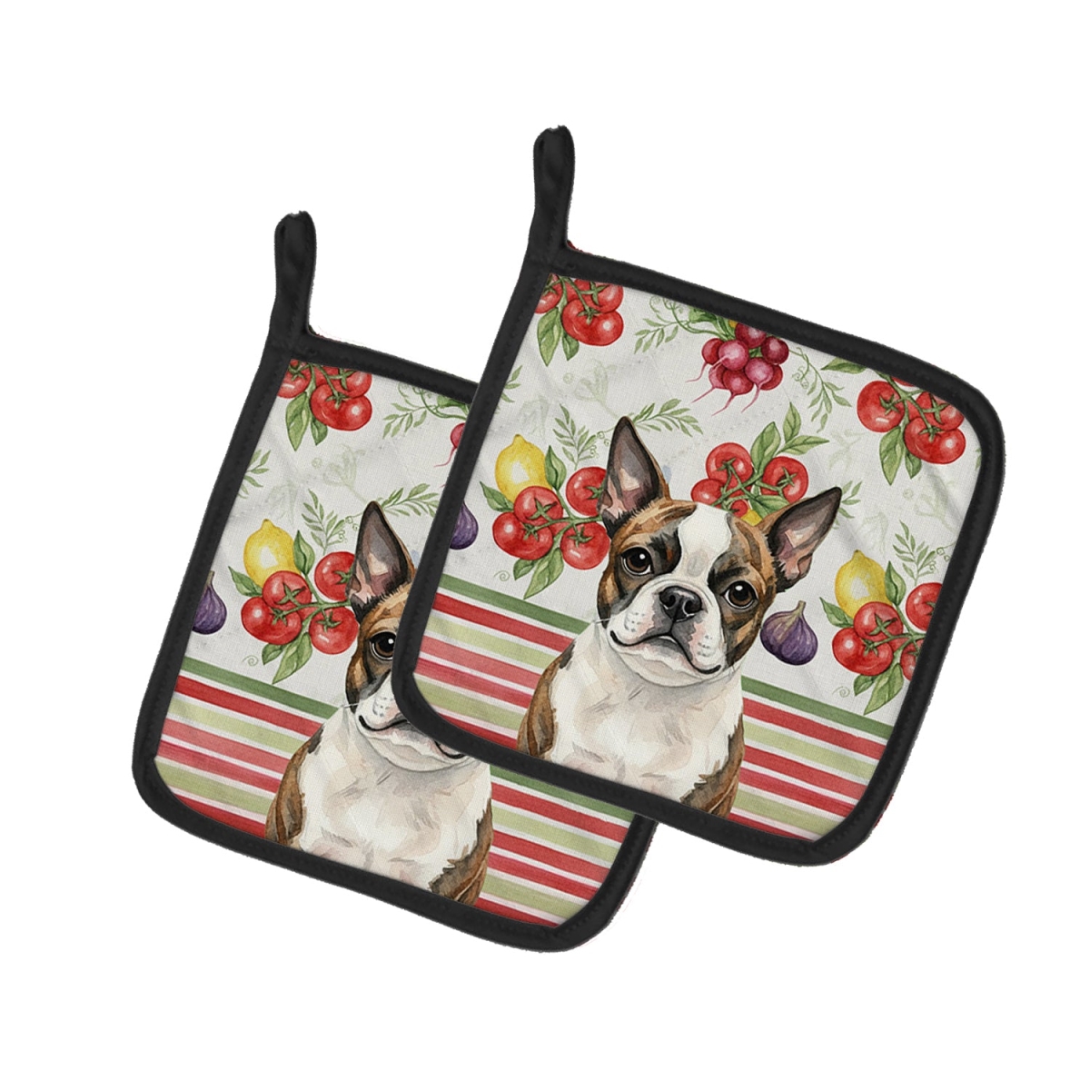 Picture of Carolines Treasures WDK8131PTHD Unisex Adult Brindle Boston Terrier Vegetables Pot Holders - 7.5 x 7.5 in. - Set of 2