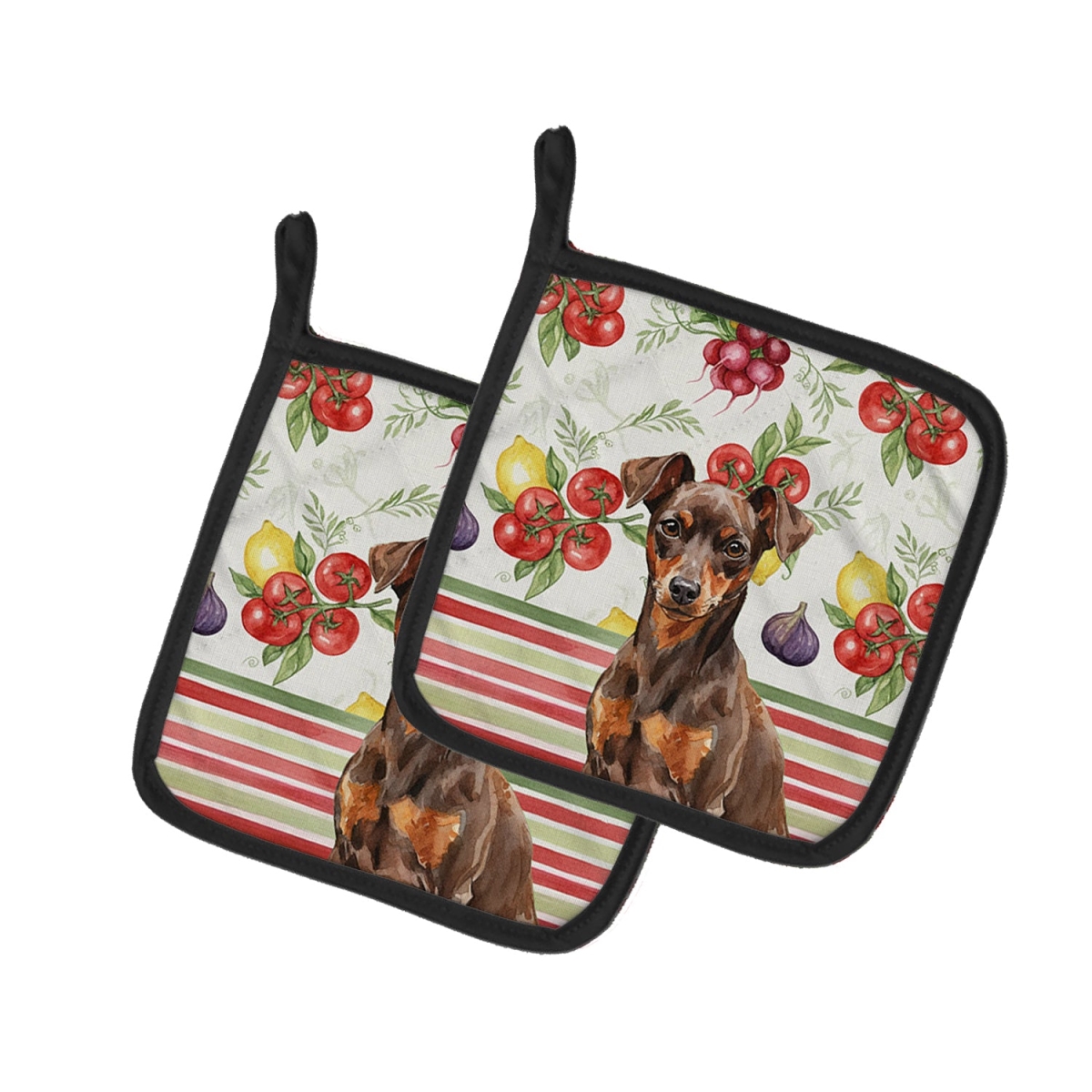 Picture of Carolines Treasures WDK8314PTHD Unisex Adult Chocolate & Rust Miniature Pinscher Min Pin Vegetables Pot Holders - 7.5 x 7.5 in. - Set of 2