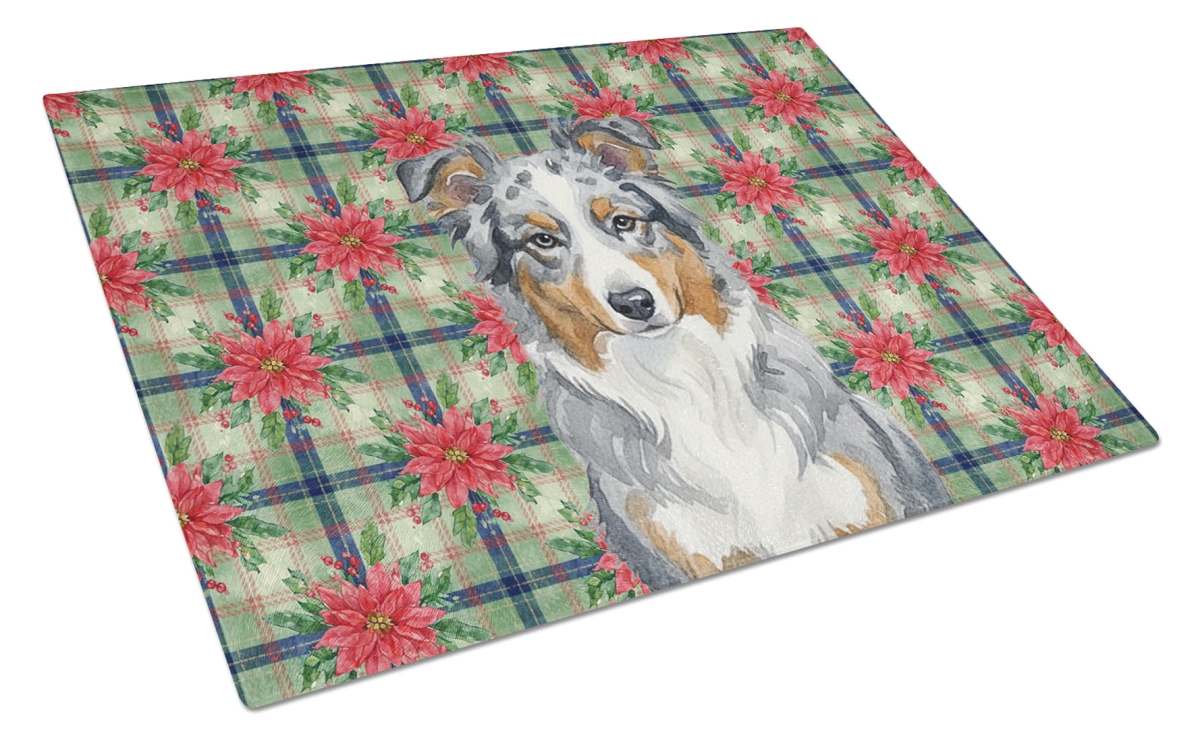 Picture of Carolines Treasures WDK8480LCB Unisex Adult Blue Merle American Shepherd Christmas Poinsettias Glass Cutting Board - 15 x 12 in.