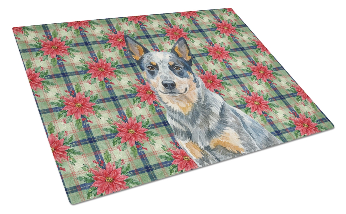 Picture of Carolines Treasures WDK8487LCB Unisex Adult Blue Heeler Australian Cattle Dog Christmas Poinsettias Glass Cutting Board - 15 x 12 in.