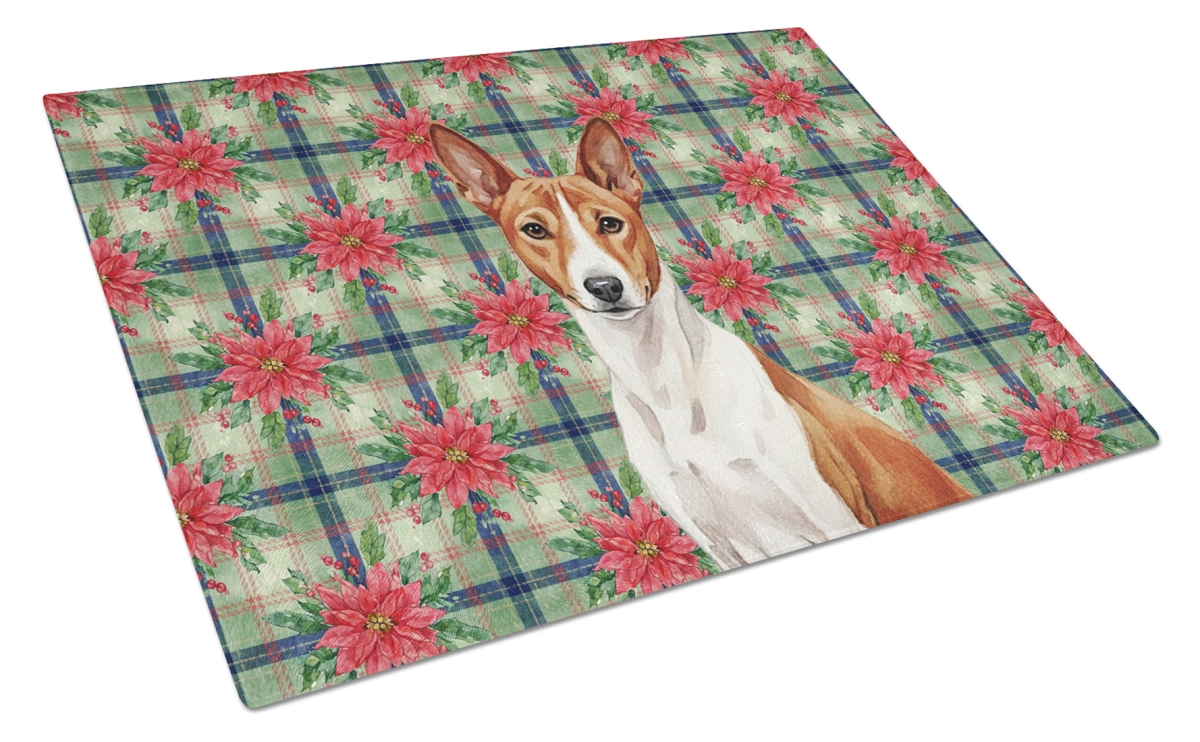 Picture of Carolines Treasures WDK8494LCB Unisex Adult Red & White Basenji Christmas Poinsettias Glass Cutting Board - 15 x 12 in.